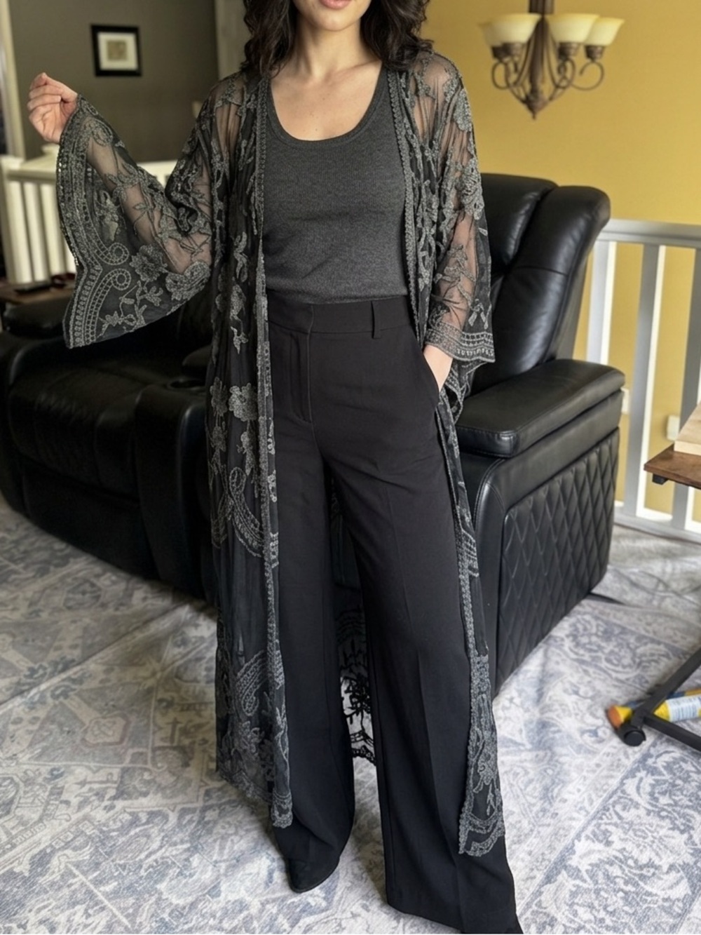 Origami rare sheer embroidered lace kimono duster beautiful!